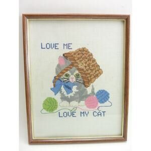 Vintage Framed Love me Love my Cat Needlepoint Cross stitch